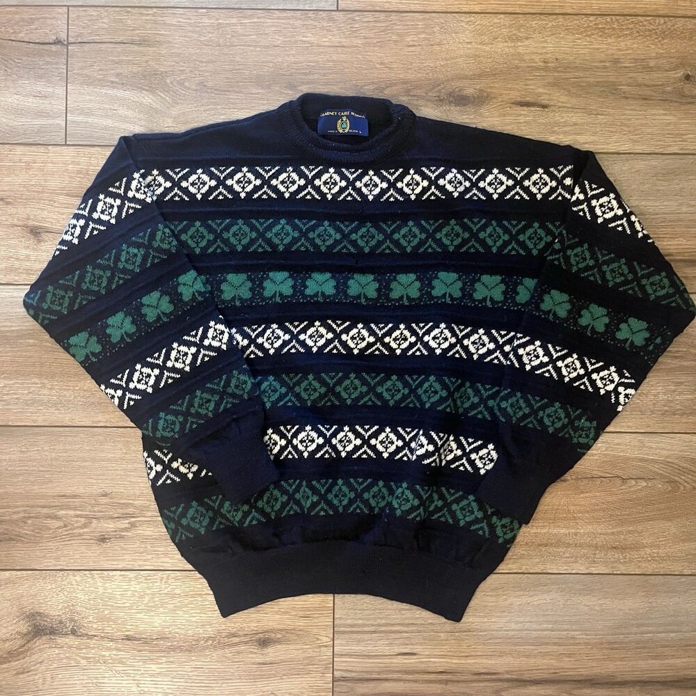 Vintage Blarney Castle Designs Navy Green Shamrock Wool Sweater Men's L Ireland